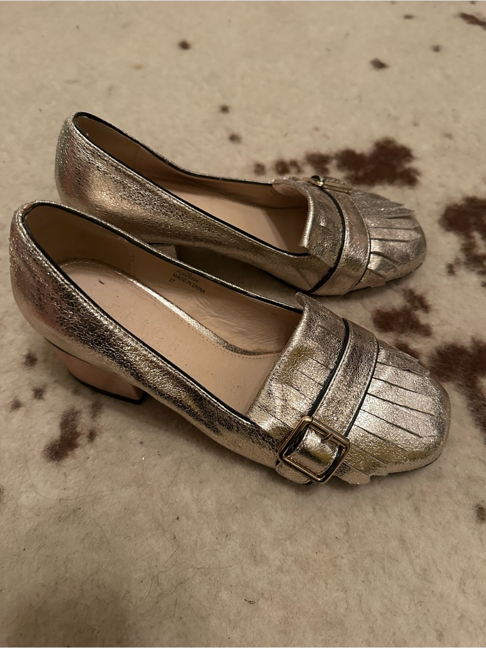 Metallic Gold Fringe Loafer Heels - Women block heels sz 37 (6.5) by Office